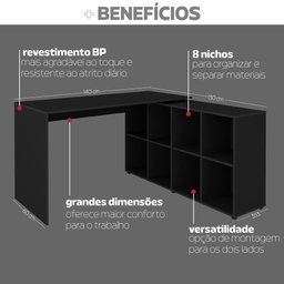 Escrivaninha Ergonômica e Atemporal em L com 8 Nichos para Armazenamento Nero  - 7