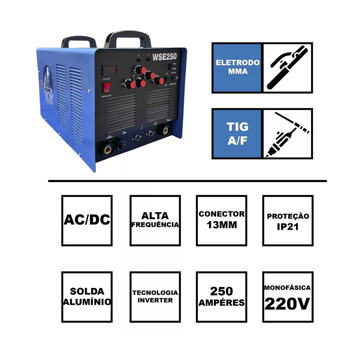 Inversora Tig Wse250 Ac/dc 220v Solda Aco, Inox e Alumínio Acompanha Tocha Tig - 8