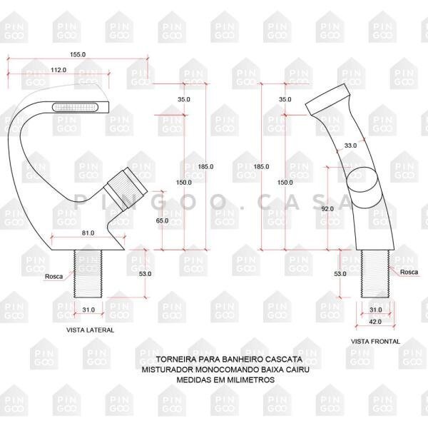 Torneira para banheiro cascata Misturador Monocomando Baixa Cairu Pingoo.casa - Dourado escovado - 5