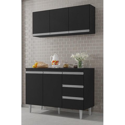 Armário de Cozinha com Balcão 120cm Andréia com Tampo Mdp Preto Ajl