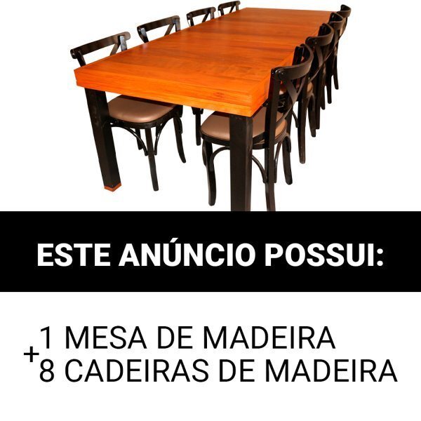 Mesa Rústica com 8 Cadeiras Churrasco e Jantar Madeira Maciça Peroba Rosa 2,50M - Madeira Pura - 2
