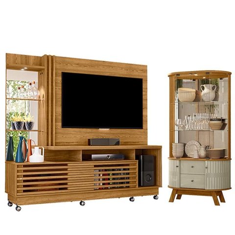 Estante Home Theater Frizz Plus Cumaru com Rodízios com Cristaleira Moss Cumaru Opala- Madetec