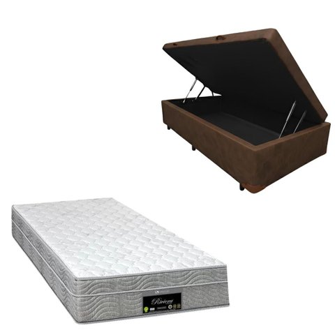 Cama Box Baú Blindada com Colchão Riviera Molas Ensacadas 25cm:corino Marrom/solteiro