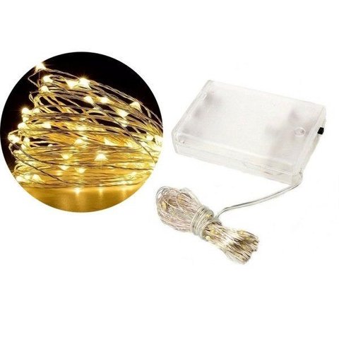 Kit Fio Micro Led Pilha 50 Lâmpadas Branco Quente Fixa 5 Metros 2 Unidades
