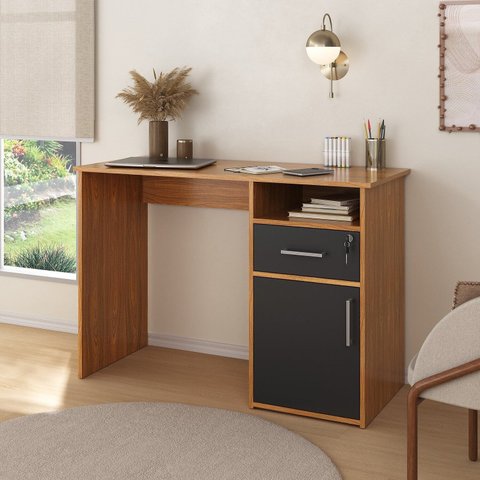 Escrivaninha Mesa Escritório Compacta para Home Office com com Chave e 1 Gaveta 1 Porta 1 Nicho 110cm Freijó E Preto