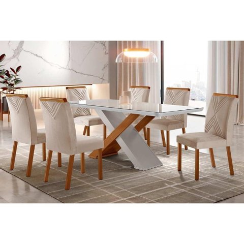 Sala de Jantar Completa Imperatriz Tampo Madeirado C- Vidro Curvo 180x90 e 6 Cadeiras Amsterdã