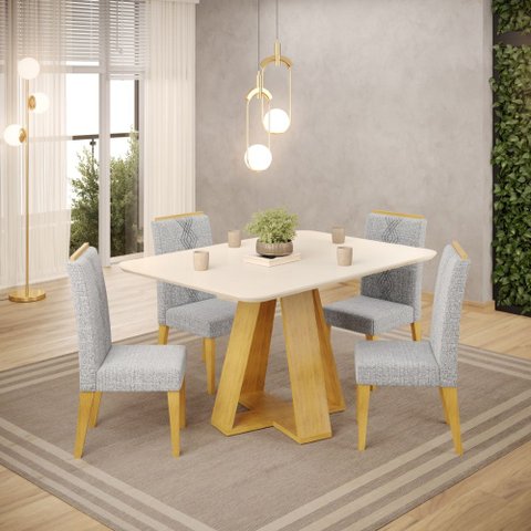 Conjunto de Mesa Kiara 120cm Cedro Off White e 04 Cadeiras Yasmin Cedro Linho Neblina DJ Móveis