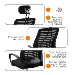 Kit 10 Cadeiras Escritório Diretor Mesh Encosto de Cabeça - Preto - 7