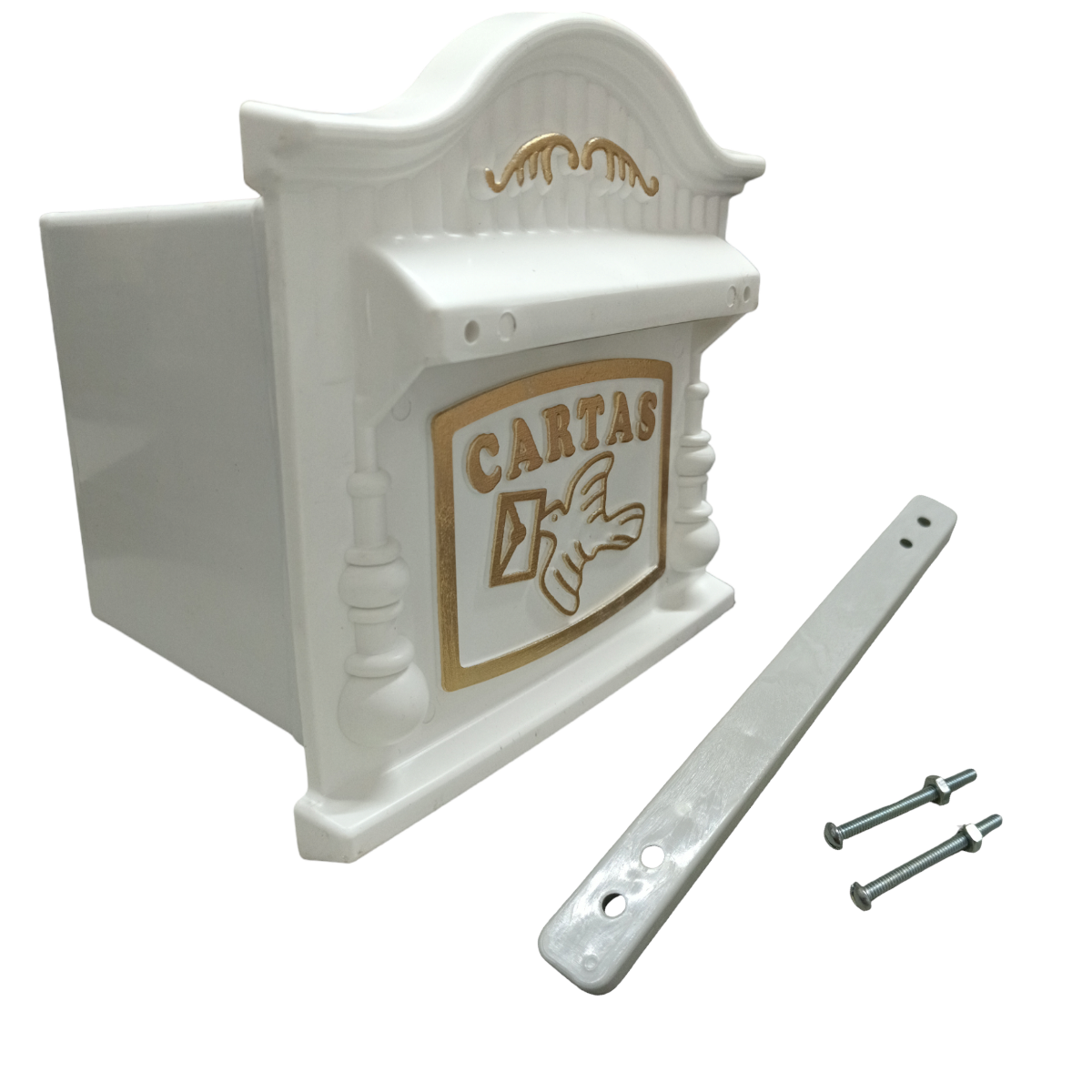 Caixa de Correio Plástica Compacta Branca e Dourada com Suporte para Grade - 1