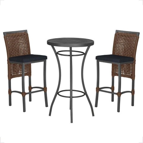 Mesa Bistro e 2 Banquetas Roma Preta Corda Náutica 12 Marrom