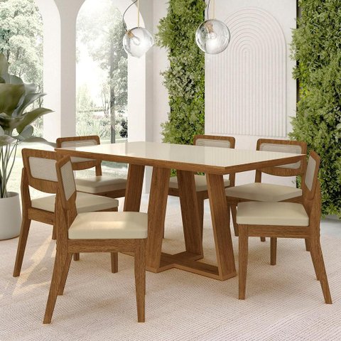 Mesa Sion 1,60 com 6 Cadeiras Sextavada Freijó/off/corino Bege - M.a Freijó/off Premium/corino