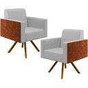 Ver imagem 1 de Kit 2 Poltronas Decorativa Base Giratória de Madeira Helô L02 Linho Cinza Couríssimo Camel -
