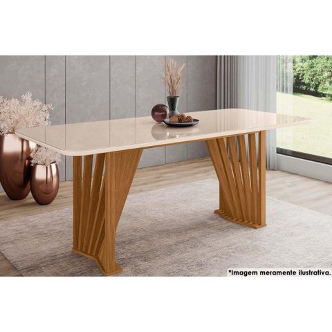 Mesa de Sala Jantar Adriana Sc82 C/tampo Madeirado Vidro Curvo 180x90cm Nature/off White - Henn
