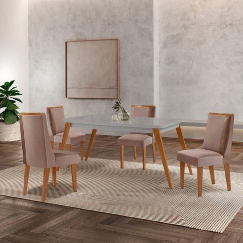 Mesa de Jantar Copper 120cm Tampo Mdf 4 Cadeiras Moderna Linho Capuccino/tork/off/nat/off