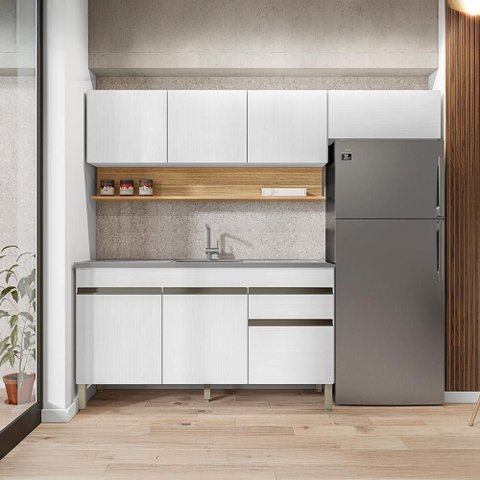 Kit Cozinha Compacta Line 3 Peças 1 Gaveta MDF Cinza Gris e Branco Supremo Kit'S Paraná
