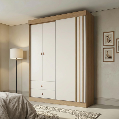 Guarda Roupa Solteiro 3 Portas e 2 Gavetas Aspen 220 x 156cm Yescasa Marrom Capuccino/Off White