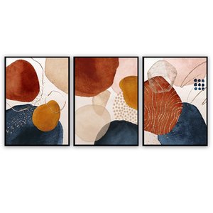 Kit com 3 Quadros Decorativos 70x50 Cm Abstrato Manchas com Moldura Caixa Preta 3cm Profundidade