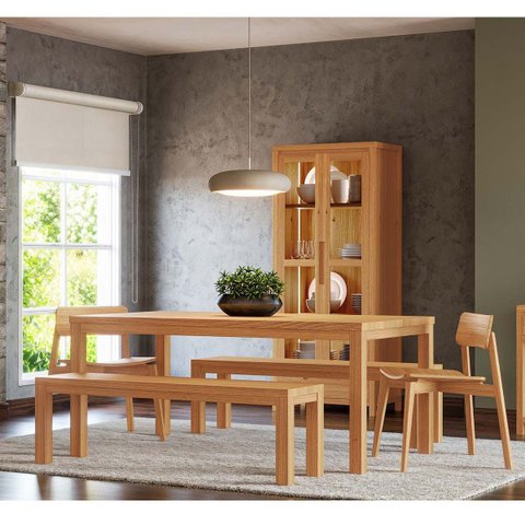 Conjunto Sala Jantar Nature: Cristaleira, Mesa, Banco e Cadeiras Rústico Claro Madeira Pinus