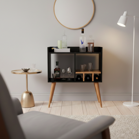 Aparador Mini Adega 2 em 1 Nichos P/ Vinhos Prateleiras Mdf