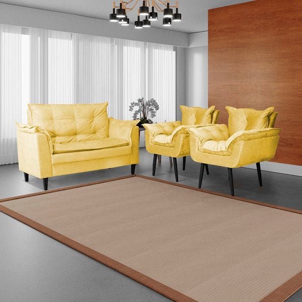 Sofá Opala Decorativo para Sala, Escritório e Recepção com 2 Poltronas Amarelo - Dilar Decor