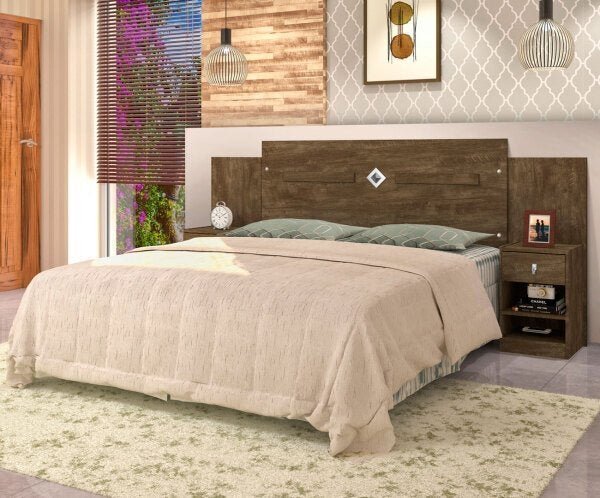 Cabeceira Quarto Casal Queen Regulavel Lara Com Mesa - CASTANHO WOOD - 1