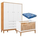 Ver imagem 1 de Berço Americano e Guarda Roupa Unique 4 Portas Branco Soft Freijó Eco Wood com Colchão Ortobom - Mat