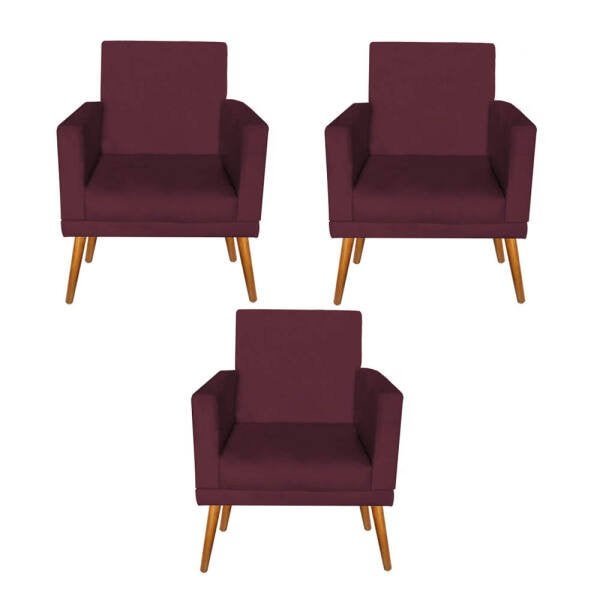 Kit 03 Poltrona Nina Com Rodapé Para Sala de Estar Recepção Suede Marsala -Ruotolo Decor - 1