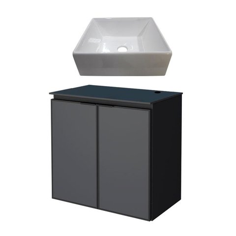 Gabinete Para Banheiro Preto Aço Umbu Tampo Vidro Com Cuba Prisma Cozimax