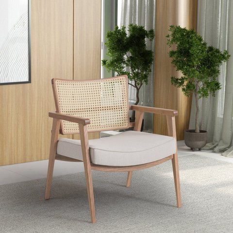 Poltrona Decorativa Madeira Maciça Jequitibá Tecido Algodão Luna Natural/Bege