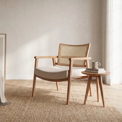 Poltrona Decorativa Luna em Madeira Maciça Jequitibá e Algodão Natural/Bege