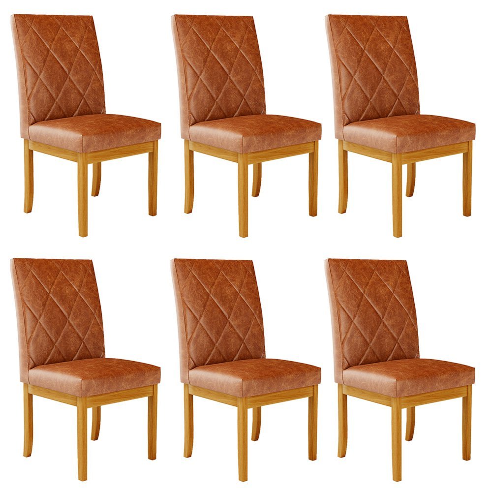 Kit 6 Cadeiras de Sala de Jantar Estofadas Gomes Madeira Maciça PU Marrom G78 - Gran Belo Cadeira de