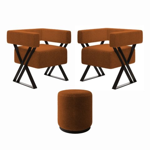 Kit 2 Poltrona e Puff Decorativo Sara Estilo Industrial:bouclé Terracota