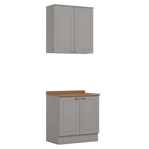 Cozinha Modulada Americana 2 Peças Aéreo e Balcão 80cm Cinza/Nature com Tampo MDP - Móveis Henn