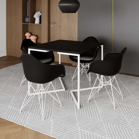 Mesa Jantar Industrial Quadrada Preta 90cm Base V com 4 Poltronas Pretas Eames Eiffel Ferro Branco