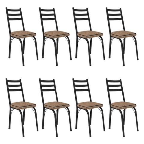 Kit 8 Cadeiras de Cozinha Luisiana Estampado Rattan Bege Pés de Ferro Preto - Pallazio