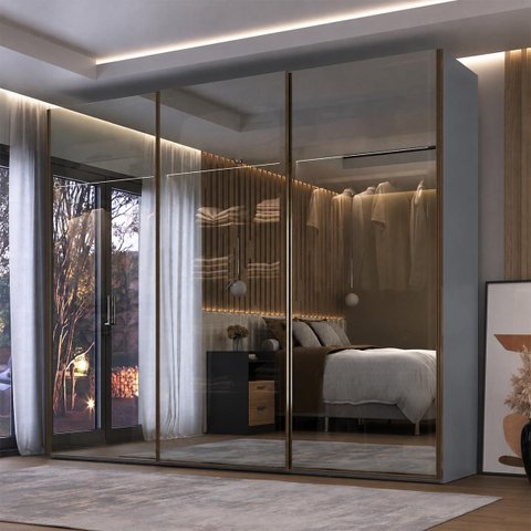 Roupeiro Veneto MDF com LED 274,5x230cm 3 Portas Reflecta Cinza 1000