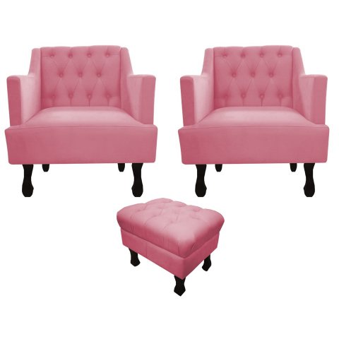 Kit 2 Poltronas Decorativa Julia + Puff Luis Xv Suede Rosa Pés Madeira Ms Decor