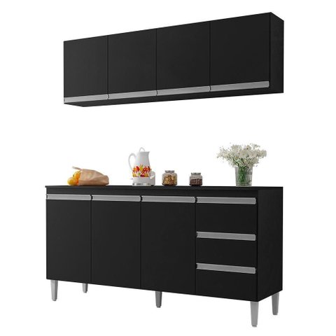 Kit de Cozinha Andréia Balcão 160cm Preto com Tampo Mdp e Aéreo - Ajl Móveis Preto