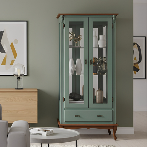 Cristaleira 2 Portas Espelho 1 Gaveta Pés Luiz Xv - Verde Kalle Laca Tampo e Base Imbuia Glazer