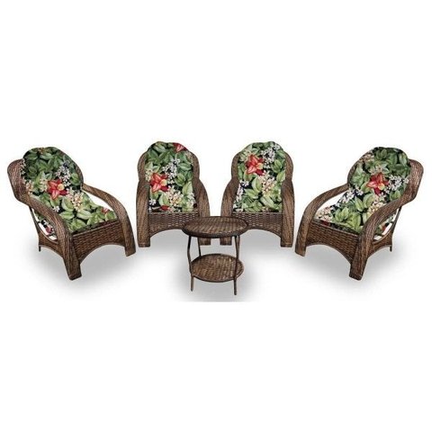 Conjunto de Poltronas Fibra Sintética Espreguiçadeira - 4 Poltronas + 1 Mesa Centro - Tecido Saquare