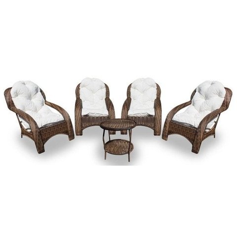 Conjunto de Poltronas Fibra Sintética Espreguiçadeira - 4 Poltronas + 1 Mesa Centro - Tecido Duna Cr