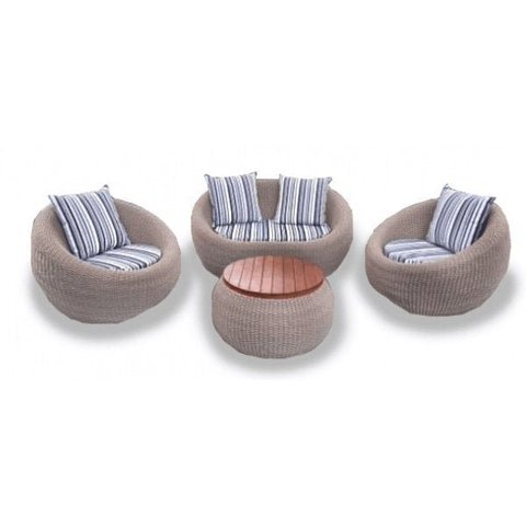 Conjunto de Sofá em Corda Náutica Bola - 1 Sofá 2 Lugares + 2 Poltronas + Mesa Centro - Tecido Illim