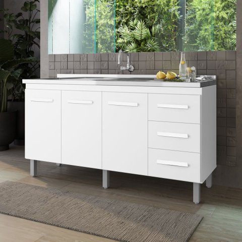 Balcão Gabinete para Pia Dana 148cm 03 Portas 03 Gavetas sem Tampo Branco - Desk Design