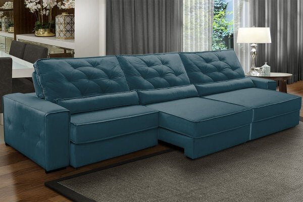 Sofá Grande Retrátil 3,20M Mola Ensacada Bonnel Reclinável Pillow Opala Veludo Azul - Grandellar - 1