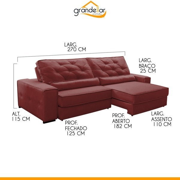 Sofá Retrátil 2,70M Mola Ensacada Bonnel Reclinável Pillow Opala Veludo Vermelho - Grandellar - 3