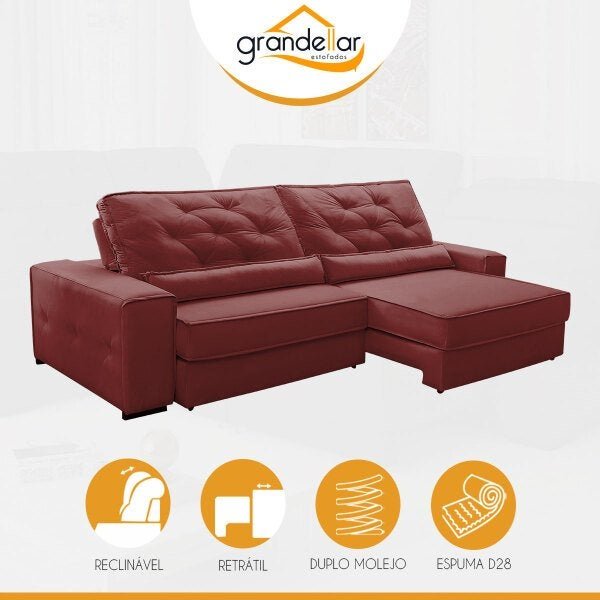 Sofá Retrátil 2,70M Mola Ensacada Bonnel Reclinável Pillow Opala Veludo Vermelho - Grandellar - 4