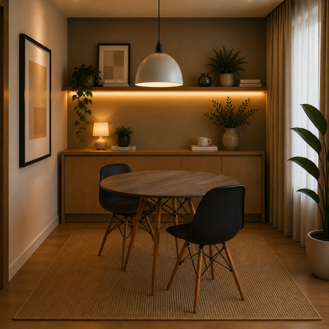 Mesa de Jantar Eames Eiffel Redonda 90cm Tampo de Madeira Amêndoa com 2 Cadeiras Pretas