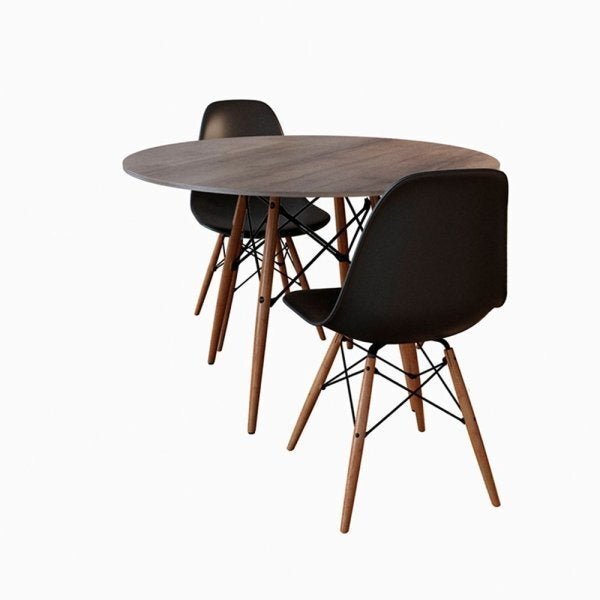 Conjunto de Mesa de Jantar Eames Eiffel Redonda 90cm Tampo de Madeira Amêndoa com 2 Cadeiras Pretas - 1