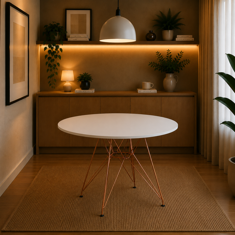 Mesa Sala e Jantar Eiffel Redonda 110cm Tampo de Madeira Branco com Base de Ferro Cobre