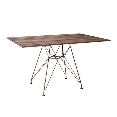 Mesa Eiffel Retangular 120x75 Tampo de Madeira Amendôa com Base de Ferro Cobre